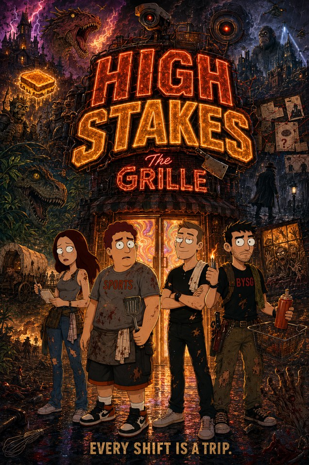 High Stakes — series key art: the crew outside The Grille beneath the burning neon title.