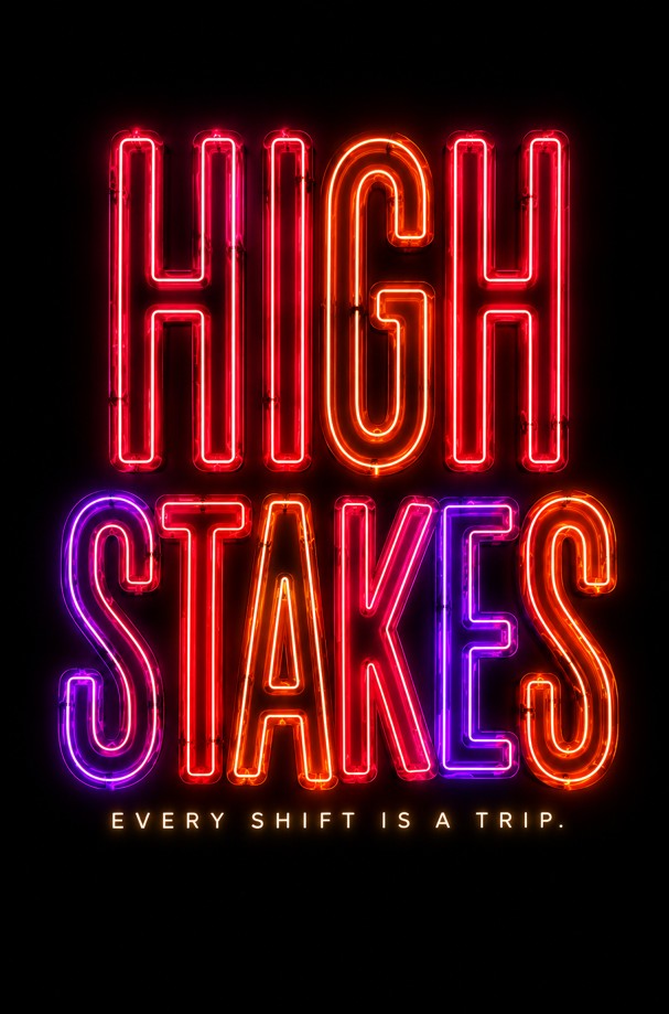 High Stakes key art — the title in red and purple neon tubing on black, above the tagline Every Shift Is a Trip.