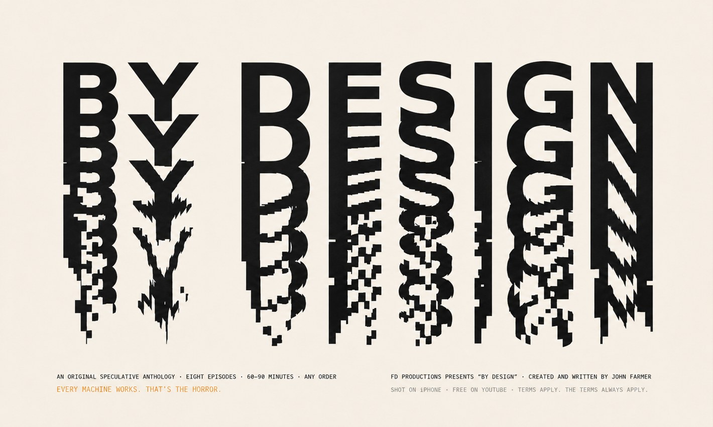 By Design — title treatment dissolving into pixels on a paper background.